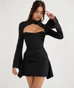 Trendy & Unique What's New Luxury High Neck Cut Out Long Sleeve Draped Satin Mini Dress - Black