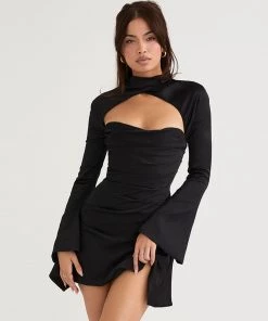 Trendy & Unique What's New Luxury High Neck Cut Out Long Sleeve Draped Satin Mini Dress - Black