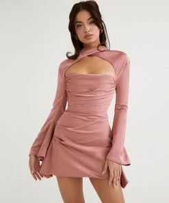 Trendy & Unique Luxury High Neck Cut Out Long Sleeve Draped Satin Mini Dress - Pink