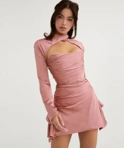 Trendy & Unique Luxury High Neck Cut Out Long Sleeve Draped Satin Mini Dress - Pink
