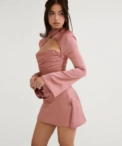 Trendy & Unique Luxury High Neck Cut Out Long Sleeve Draped Satin Mini Dress - Pink