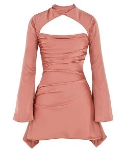 Trendy & Unique Luxury High Neck Cut Out Long Sleeve Draped Satin Mini Dress - Pink