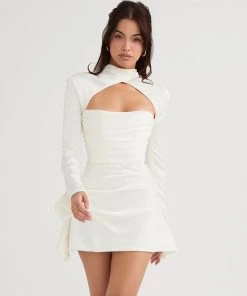 Trendy & Unique Luxury High Neck Cut Out Long Sleeve Draped Satin Mini Dress - White