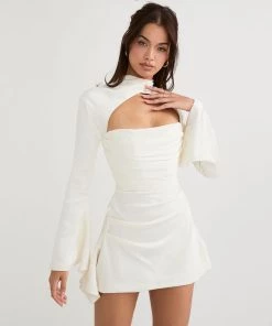 Trendy & Unique Luxury High Neck Cut Out Long Sleeve Draped Satin Mini Dress - White
