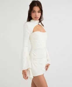 Trendy & Unique Luxury High Neck Cut Out Long Sleeve Draped Satin Mini Dress - White