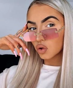 Trendy & Unique Luxury Rhinestone Trimmed Square Rimless Sunglasses - Purple What's New