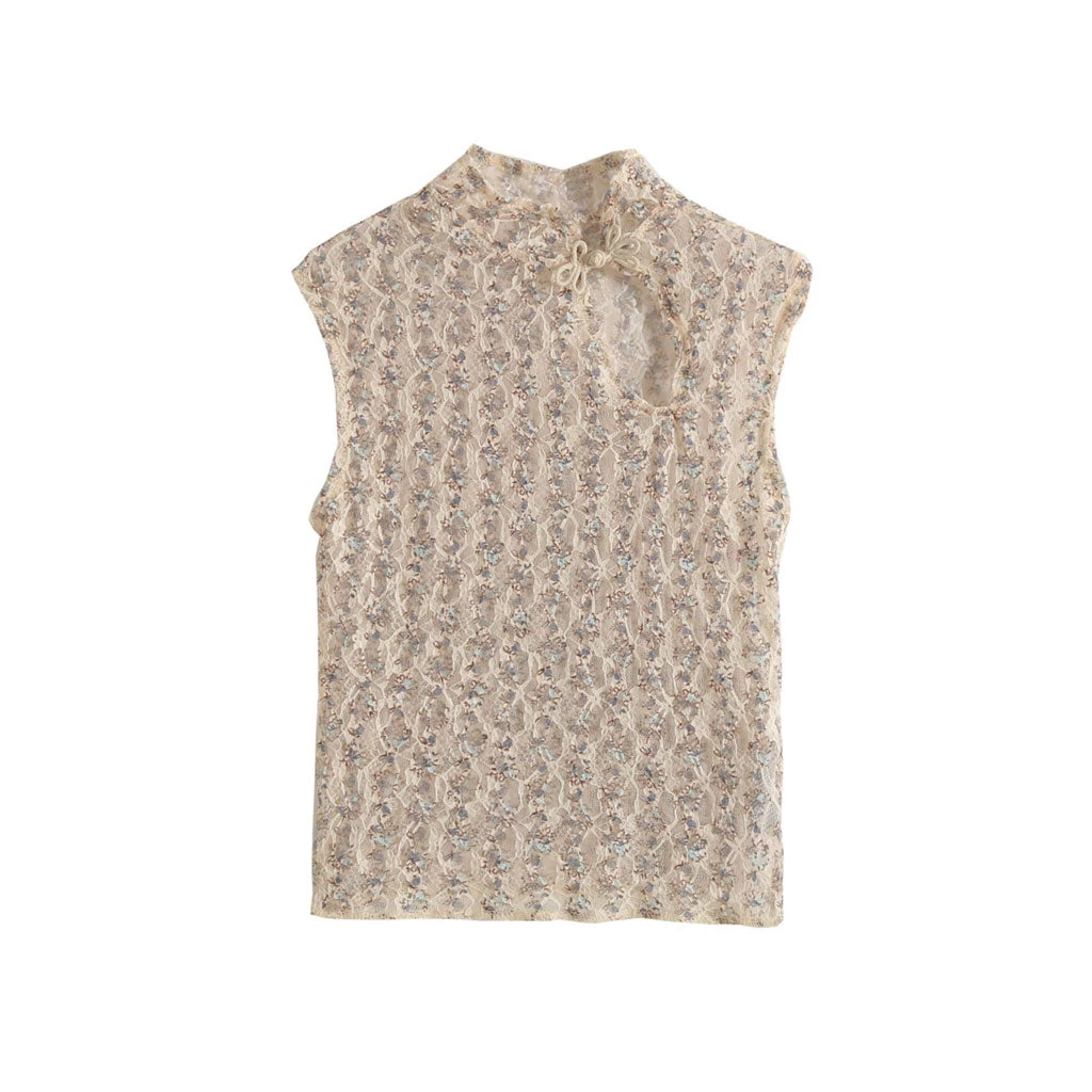 Trendy & Unique What's New Mandarin Collar Cut Out Floral Lace Cropped Tank Top - Beige 6 Trendy & Unique What's New Mandarin Collar Cut Out Floral Lace Cropped Tank Top - Beige