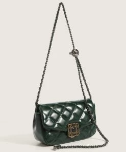 Trendy & Unique What's New Metallic Chain Buckled Flap Front Rhombus Shoulder Bag - Emerald Green