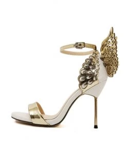 Trendy & Unique Metallic Contrast Open Toe Ankle Strap Stiletto Butterfly Heels - Gold