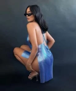 Trendy & Unique What's New Metallic Cowl Neck High Slit Backless Club Mini Dress - Royal Blue