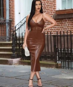Trendy & Unique What's New Metallic Deep V Neck Floss Strap Party Midi Dress - Chocolate