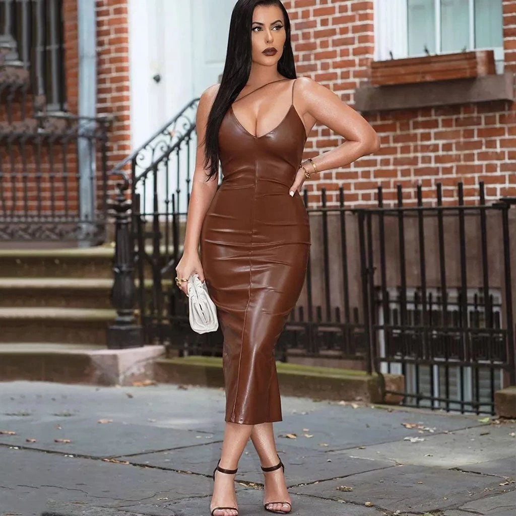 Trendy & Unique What's New Metallic Deep V Neck Floss Strap Party Midi Dress - Chocolate 4 Trendy & Unique What's New Metallic Deep V Neck Floss Strap Party Midi Dress - Chocolate