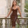 Trendy & Unique What's New Metallic Deep V Neck Floss Strap Party Midi Dress - Chocolate