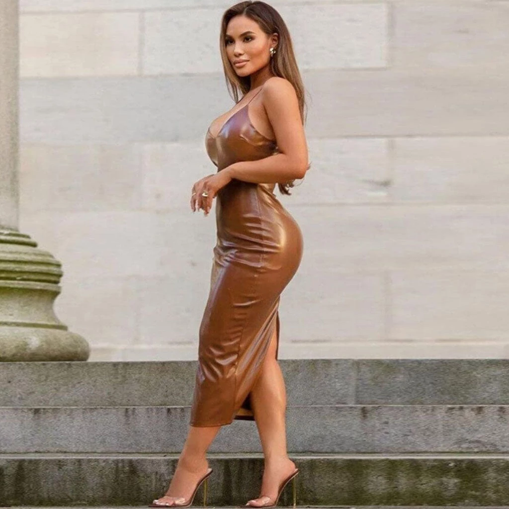 Trendy & Unique What's New Metallic Deep V Neck Floss Strap Party Midi Dress - Chocolate 5 Trendy & Unique What's New Metallic Deep V Neck Floss Strap Party Midi Dress - Chocolate