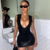 Trendy & Unique What's New Metallic Deep V Neck Sleeveless Bodycon Club Mini Dress - Black
