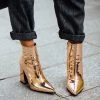 Trendy & Unique Metallic Pointed Toe Chunky Heel Zip Side Ankle Boots - Gold 2 Trendy & Unique Metallic Pointed Toe Chunky Heel Zip Side Ankle Boots - Gold