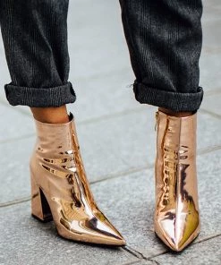 Trendy & Unique Metallic Pointed Toe Chunky Heel Zip Side Ankle Boots - Gold