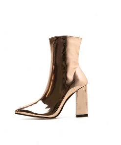 Trendy & Unique Metallic Pointed Toe Chunky Heel Zip Side Ankle Boots - Gold