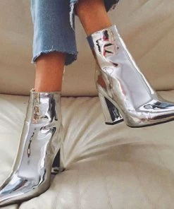 Trendy & Unique Metallic Pointed Toe Chunky Heel Zip Side Ankle Boots - Silver What's New