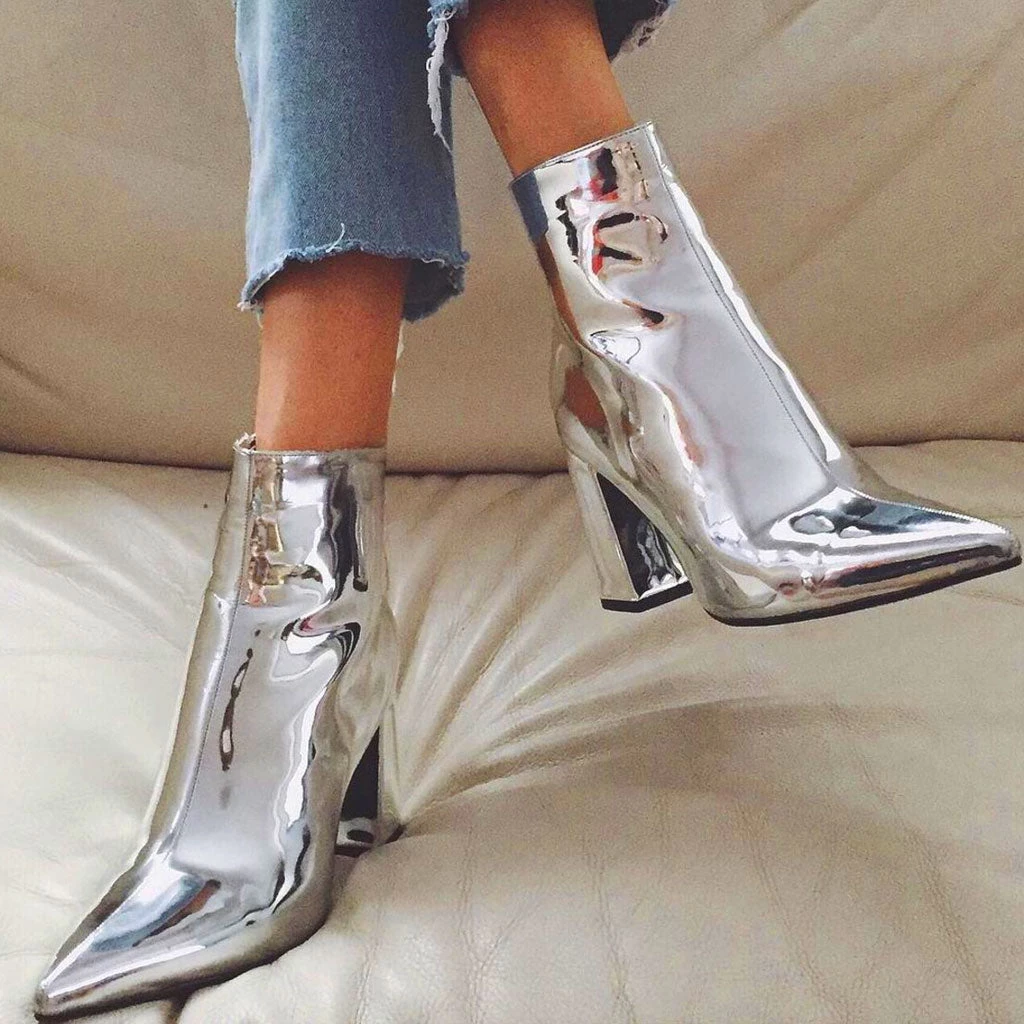Trendy & Unique Metallic Pointed Toe Chunky Heel Zip Side Ankle Boots - Silver What's New 4 Trendy & Unique Metallic Pointed Toe Chunky Heel Zip Side Ankle Boots - Silver What's New