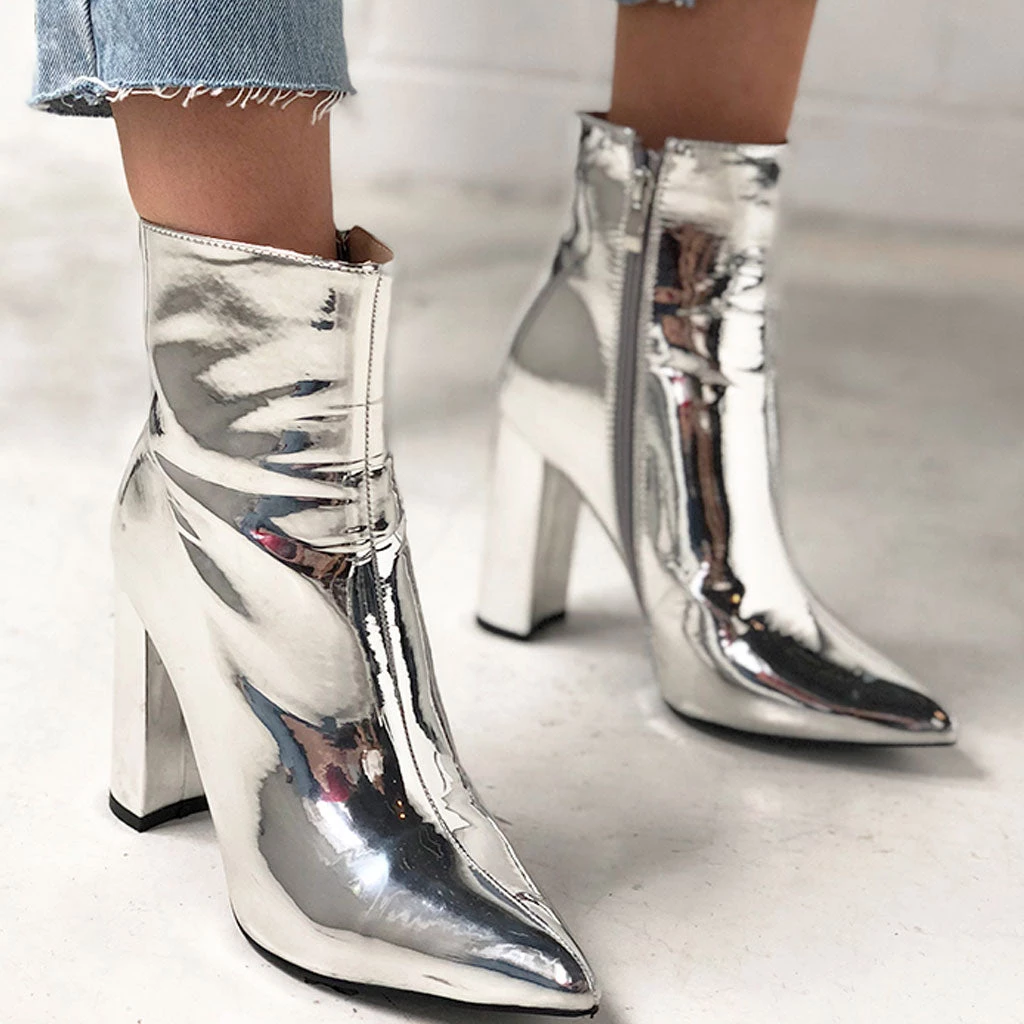 Trendy & Unique Metallic Pointed Toe Chunky Heel Zip Side Ankle Boots - Silver What's New 5 Trendy & Unique Metallic Pointed Toe Chunky Heel Zip Side Ankle Boots - Silver What's New