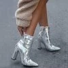 Trendy & Unique Metallic Pointed Toe Chunky Heel Zip Side Ankle Boots - Silver What's New