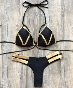 Trendy & Unique Metallic Strappy Thong Push Up Triangle Brazilian Bikini Set - Black What's New