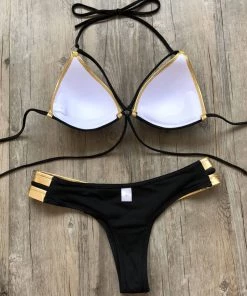 Trendy & Unique Metallic Strappy Thong Push Up Triangle Brazilian Bikini Set - Black What's New