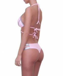 Trendy & Unique Metallic Strappy Thong Push Up Triangle Brazilian Bikini Set - Pink