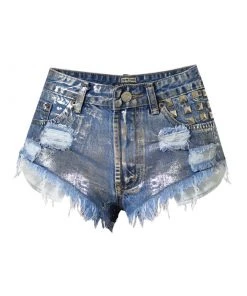 Trendy & Unique Metallic Stud Trim High Waist Distressed Denim Shorts - Blue