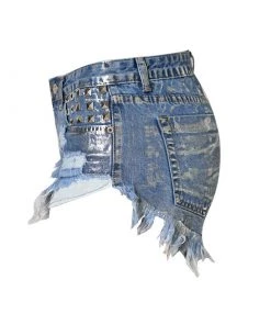 Trendy & Unique Metallic Stud Trim High Waist Distressed Denim Shorts - Blue