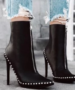 Trendy & Unique Modern Bead Trimmed Pointed Toe Zip Front Ankle Boots - Black