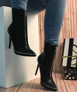 Trendy & Unique Modern Bead Trimmed Pointed Toe Zip Front Ankle Boots - Black 9 Trendy & Unique Modern Bead Trimmed Pointed Toe Zip Front Ankle Boots - Black