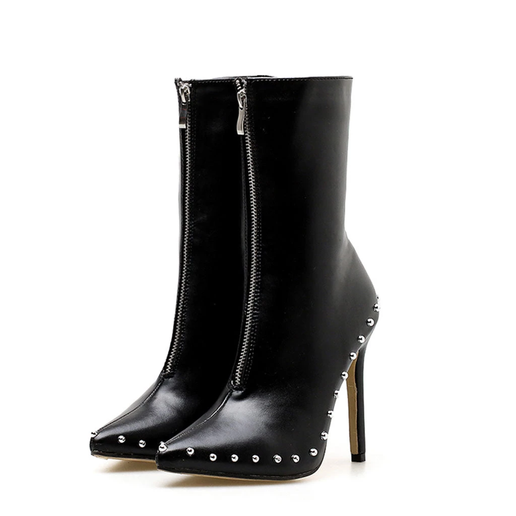 Trendy & Unique Modern Bead Trimmed Pointed Toe Zip Front Ankle Boots - Black 6 Trendy & Unique Modern Bead Trimmed Pointed Toe Zip Front Ankle Boots - Black
