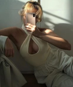 Trendy & Unique What's New Modern Chic Halter Neck Cross Front Crop Tank Top - Beige