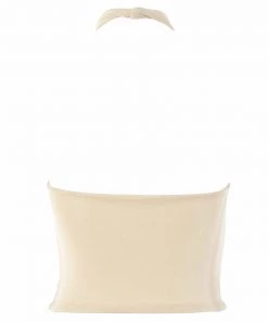 Trendy & Unique What's New Modern Chic Halter Neck Cross Front Crop Tank Top - Beige