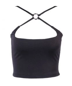 Trendy & Unique What's New Modern Chic Metal Ring Crossed Strap Crop Tank Top - Black