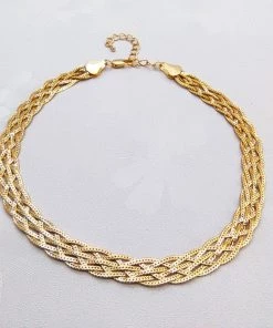 Trendy & Unique Modern Chic Plated Wheat Chain Braided Choker Necklace - Gold