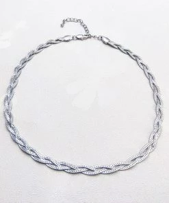 Trendy & Unique Jewelry Modern Chic Plated Wheat Chain Braided Choker Necklace - Silver