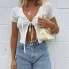 Trendy & Unique Modern Chic Short Sleeve Front Tie Rib Knit Cardigan - White What's New
