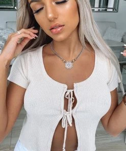 Trendy & Unique Modern Chic Short Sleeve Front Tie Rib Knit Cardigan - White What's New