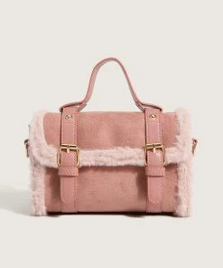 Trendy & Unique What's New Modern Golden Fluffy Trim Twin Buckled Flap Front Tote Bag - Pink