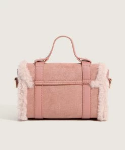 Trendy & Unique What's New Modern Golden Fluffy Trim Twin Buckled Flap Front Tote Bag - Pink