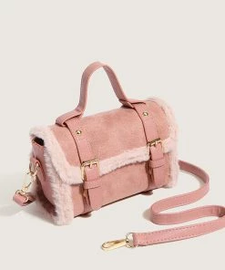 Trendy & Unique What's New Modern Golden Fluffy Trim Twin Buckled Flap Front Tote Bag - Pink