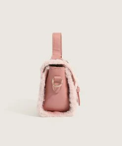 Trendy & Unique What's New Modern Golden Fluffy Trim Twin Buckled Flap Front Tote Bag - Pink