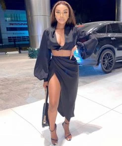 Trendy & Unique Modern Long Sleeve High Slit Satin Skirt Matching Set - Black