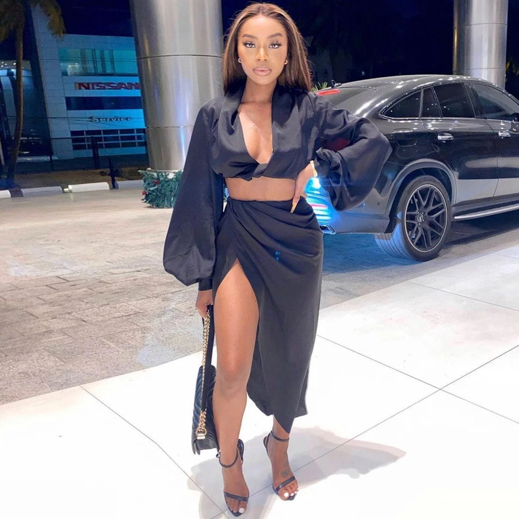 Trendy & Unique Modern Long Sleeve High Slit Satin Skirt Matching Set - Black 3 Trendy & Unique Modern Long Sleeve High Slit Satin Skirt Matching Set - Black