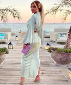 Trendy & Unique Modern Long Sleeve High Slit Satin Skirt Matching Set - Green What's New