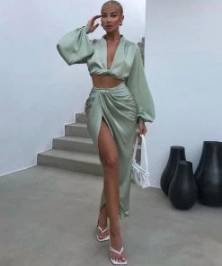 Trendy & Unique Modern Long Sleeve High Slit Satin Skirt Matching Set - Green What's New