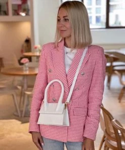 Trendy & Unique What's New Modern Long Sleeve Lapel Collar Houndstooth Print Blazer - Pink